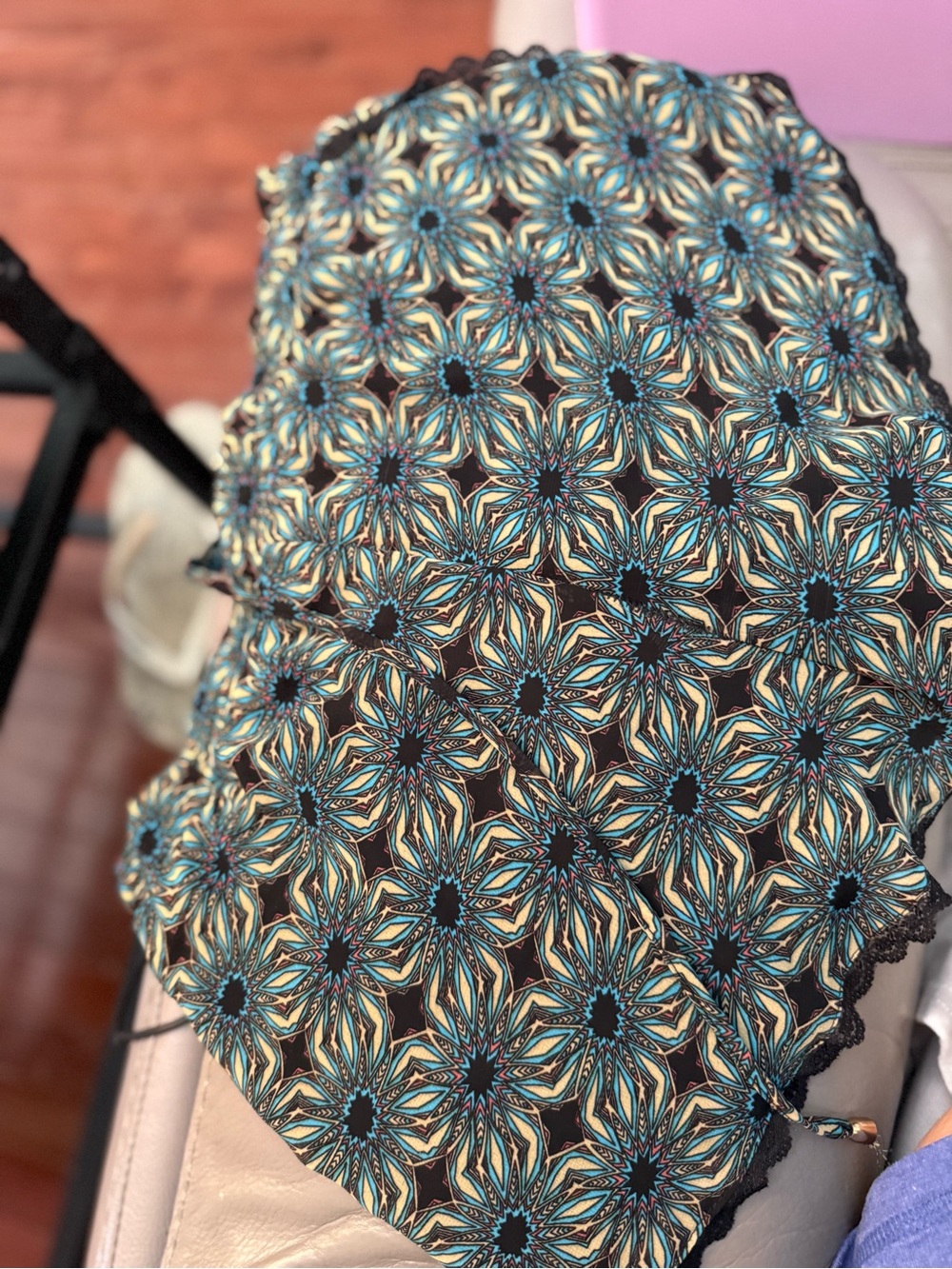 Black Floral Geometric Shorts with Teal Accents